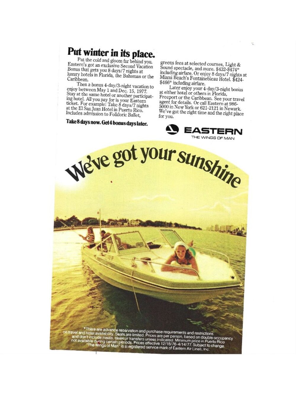 Print Ad Eastern Airlines The Wings Of Man Vacation Bonus 1977 Travel Deal